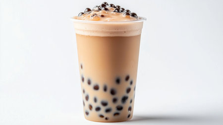 A refreshing bubble milk tea with a frothy top, placed on a white background with tapioca pearls floating clearly at the bottom, emphasizing the drink creamy and delicious appeal.の素材