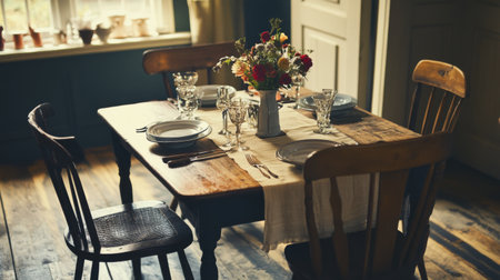 A rustic farmhouse dining table with mismatched chairs, set with a simple tablecloth, fresh flowers, and place settings, evoking a warm, homey atmosphere.の素材