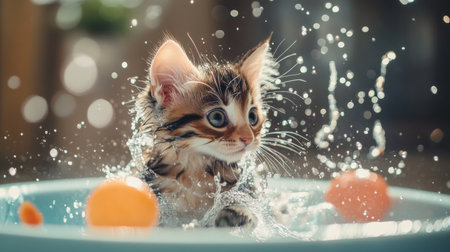 A playful kitten splashing in a small tub filled with warm water and bubbles, with a few bath toys and a splash of water creating a fun, lively scene.の素材