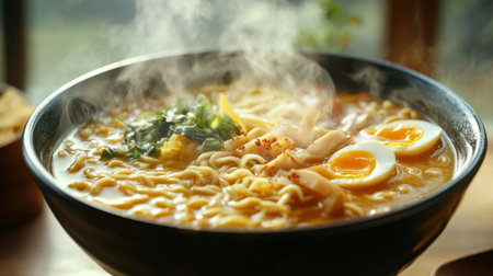 A pot of steaming ramen with noodles, broth, and various toppings like eggs and vegetables, beautifully presented with steam rising and a flavorful aroma evident.の素材