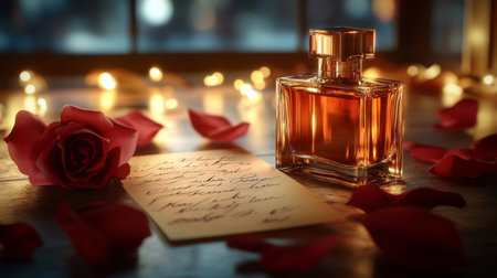 A romantic scene featuring a perfume bottle and a handwritten love letter, with rose petals scattered around and soft, warm lighting, evoking a sense of elegance and affection.の素材