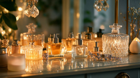 A stylish vanity table with an assortment of perfume bottles, elegantly arranged with accessories like jewelry, candles, and makeup, creating a glamorous and refined scene.の素材