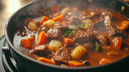A pot of rich, savory beef stew with tender meat and root vegetables, cooking on the stovetop with steam escaping, showcasing the comforting and hearty nature of the dish.の素材