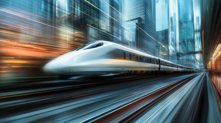 A sleek high-speed train zooming through a modern urban landscape, with skyscrapers in the background and motion blur effects emphasizing its speed and efficiency.の素材