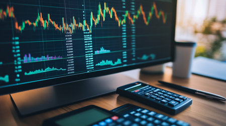 A scene showing multiple financial graphs and charts on a computer screen, with a calculator and pen placed beside, ready for in-depth banking and financial analysis.の素材