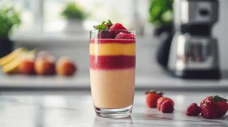 A sleek and transparent glass filled with a layered smoothie, placed on a marble kitchen island with fresh fruits and a blender in the background, evoking a healthy lifestyle.の素材