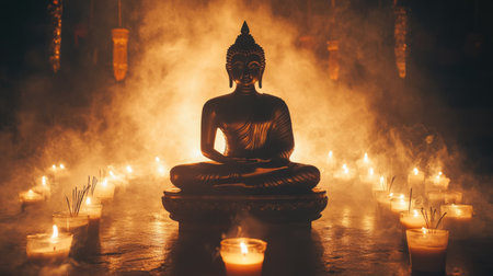A silhouette of a Buddha statue on a traditional altar with candles and incense, casting soft shadows and creating a spiritual and meditative atmosphere.の素材