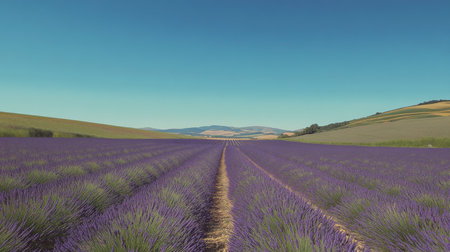 A serene landscape of lavender fields stretching into the distance, with a clear blue sky and rolling hills in the background, creating a sense of calm and tranquility.の素材