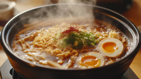 A pot of steaming ramen with noodles, broth, and various toppings like eggs and vegetables, beautifully presented with steam rising and a flavorful aroma evident.の素材