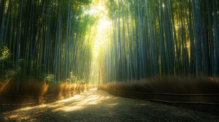 A shaded, tranquil bamboo grove with sunlight streaming through the tall, slender stalks, creating a play of light and shadow on the forest floor.の素材