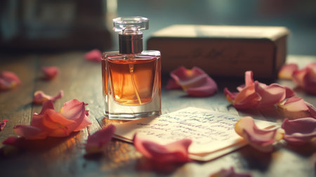 A romantic scene featuring a perfume bottle and a handwritten love letter, with rose petals scattered around and soft, warm lighting, evoking a sense of elegance and affection.の素材