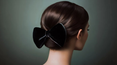 A sophisticated hairstyle featuring a velvet hair bow tied in a chic bun, with soft lighting and a neutral background, creating an elegant and refined look.の素材