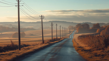 A rural landscape with a series of electric poles lining a country road, surrounded by fields and hills, showcasing the integration of infrastructure into natural settings.の素材