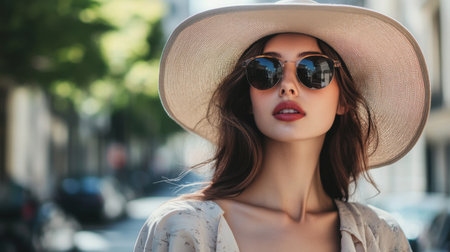 A stylish woman wearing a wide-brimmed hat and sunglasses, strolling through a sunny urban street with a chic outfit, creating a trendy and fashionable look.の素材