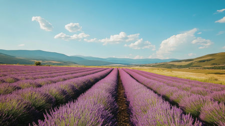 A serene landscape of lavender fields stretching into the distance, with a clear blue sky and rolling hills in the background, creating a sense of calm and tranquility.の素材