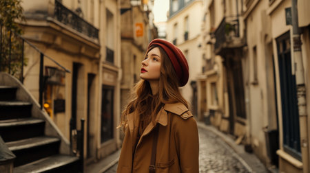 A stylish woman wearing a chic beret and a trench coat, walking through a picturesque European street with charming architecture and cobblestone pathways, adding a touch of Parisian flairの素材