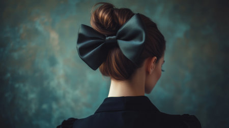 A stylish woman wearing a large, elegant satin hair bow with a chic updo, set against a sophisticated backdrop, emphasizing the bow's refined and fashionable appealの素材