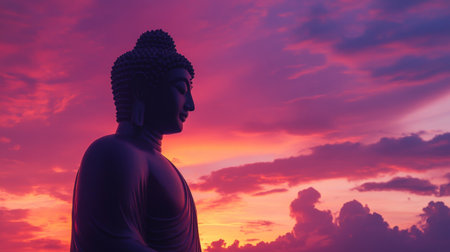 A silhouette of a serene Buddha statue against a vibrant sunset sky, with soft, glowing hues creating a tranquil and meditative atmosphere.の素材