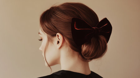 A sophisticated hairstyle featuring a velvet hair bow tied in a chic bun, with soft lighting and a neutral background, creating an elegant and refined look.の素材