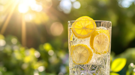 A stylish water glass with a geometric pattern, filled with sparkling water and lemon slices, set against a backdrop of a lush green garden on a sunny day.の素材