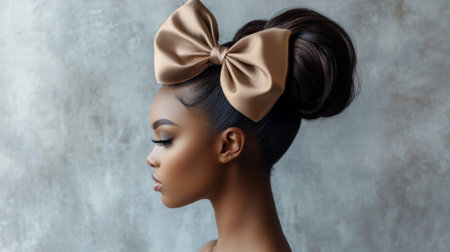 A stylish woman wearing a large, elegant satin hair bow with a chic updo, set against a sophisticated backdrop, emphasizing the bow's refined and fashionable appealの素材