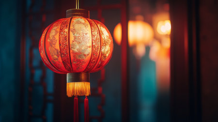 A traditional Chinese lantern glowing red against a dark background, with intricate designs and warm light creating a festive and culturally rich ambiance.の素材
