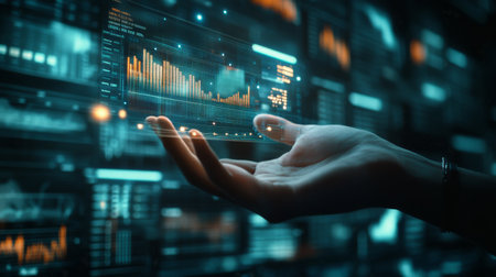 A transparent holographic display of financial graphs and data points in the hands of a business professional, symbolizing futuristic banking and financial analysis.の素材