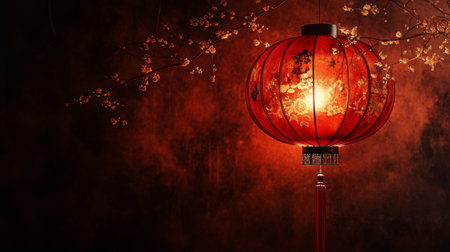 A traditional Chinese lantern glowing red against a dark background, with intricate designs and warm light creating a festive and culturally rich ambiance.の素材