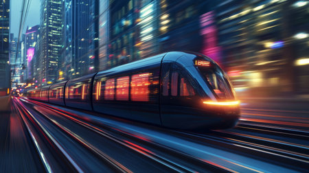 A vibrant scene of an electric train in motion at dusk, with the city lights reflecting off its sleek exterior and creating a dynamic and energetic urban travel experience.の素材