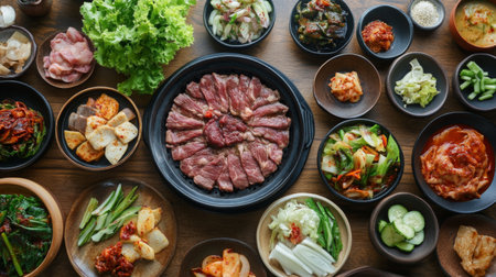 A vibrant spread of Korean barbecue with grilled beef, pork, and vegetables, served with a variety of banchan (side dishes) on a wooden table, highlighting the rich flavors and variety.の素材