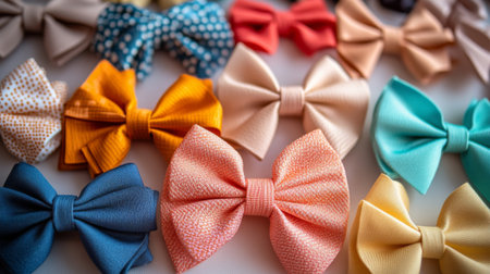 A variety of hair bows in different colors and patterns neatly arranged on a display table, with a focus on their details and the playful, decorative nature of each bow.の素材