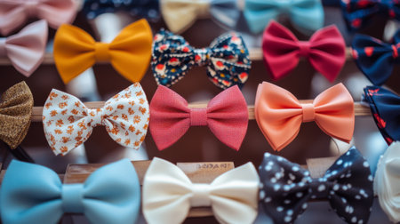 A variety of hair bows in different colors and patterns neatly arranged on a display table, with a focus on their details and the playful, decorative nature of each bow.の素材