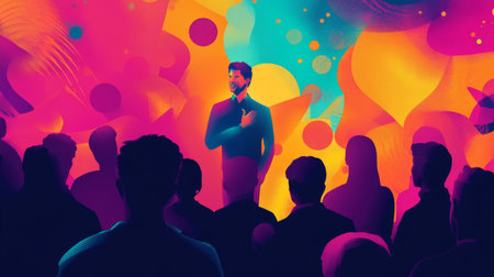 A vibrant image of a thought leader speaking at a conference, with a dynamic background of abstract shapes and colors, capturing the energy of innovative ideas.の素材