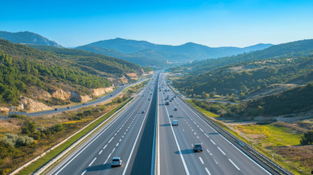 A wide-angle view of a modern motorway stretching through a mountainous landscape, with cars smoothly navigating the lanes under a clear blue sky.の素材