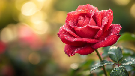 A vibrant red rose in full bloom with dew drops on its petals, set against a soft, blurred background, highlighting the beauty and richness of the color red.の素材