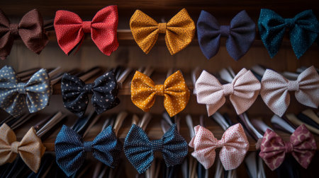 A variety of hair bows in different colors and patterns neatly arranged on a display table, with a focus on their details and the playful, decorative nature of each bow.の素材