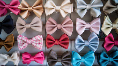 A variety of hair bows in different colors and patterns neatly arranged on a display table, with a focus on their details and the playful, decorative nature of each bow.の素材