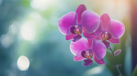A vibrant purple orchid in full bloom, gracefully hanging from its stem, with soft natural light highlighting the intricate details of its petals and leaves.の素材