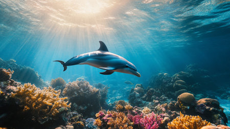 An underwater shot of a dolphin gliding gracefully through a coral reef, surrounded by colorful marine life and illuminated by the dappled sunlight filtering through the water.の素材