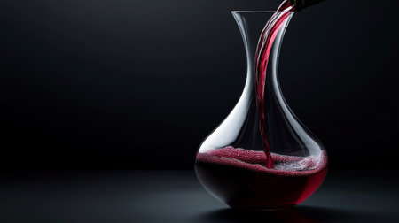 An elegant wine decanter with red wine being poured into it, with the rich, deep color of the wine contrasting against a sophisticated, minimalist background.の素材