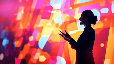 A vibrant image of a thought leader speaking at a conference, with a dynamic background of abstract shapes and colors, capturing the energy of innovative ideas.の素材
