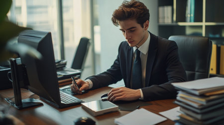 A young businessman in a suit working on his computer at a stylish office desk, with a stack of files and a smartphone nearby, showcasing his organized work environment.の素材