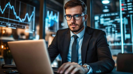 A young businessman in a modern office setting, focused on his laptop with financial charts on the screen, wearing a suit and tie, highlighting his professional demeanor.の素材