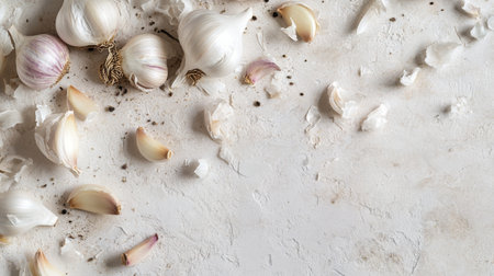An artistic shot of garlic bulbs and cloves scattered around a white surface, with a focus on their natural shapes and textures, creating a visually appealing composition.の素材
