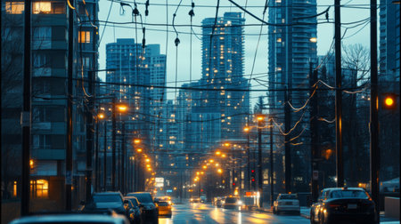 An urban scene with electric poles and streetlights on a busy city street, with high-rise buildings in the background, capturing the role of electrical infrastructure in city life.の素材