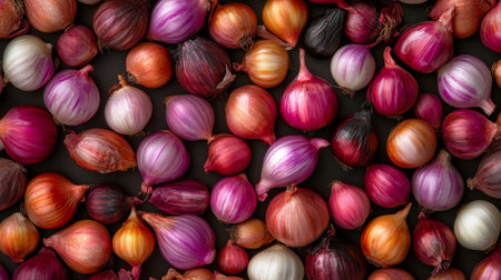 An artistic shot of shallots with a few cloves slightly peeled, arranged in a visually pleasing pattern to showcase their color variations and textures.の素材