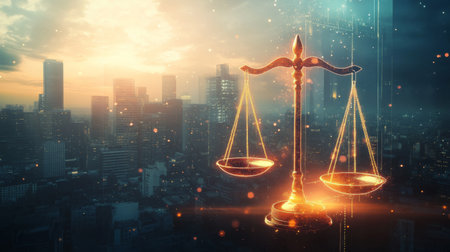 An abstract representation of justice with a glowing scale of justice and a gavel superimposed over a cityscape, symbolizing the concept of fairness and law in an urban environment.の素材