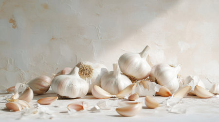 An artistic shot of garlic bulbs and cloves scattered around a white surface, with a focus on their natural shapes and textures, creating a visually appealing composition.の素材