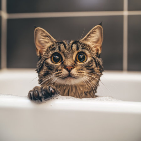 These prompts should capture the adorable and endearing nature of cats during bath time through engaging and cute stock photos.の素材