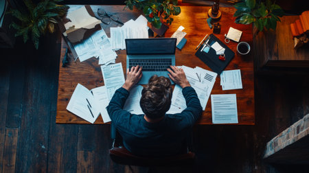 An overhead view of a young businessman working at his desk, surrounded by paperwork, a laptop, and a coffee cup, capturing the busy, productive atmosphere.の素材